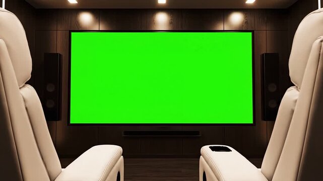Modern Home Theater Setup With Green Screen TV and Theater Chairs