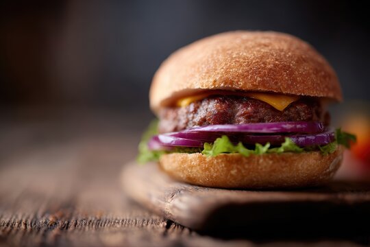 homemade beef burger close-up on wooden table, rustic food photography