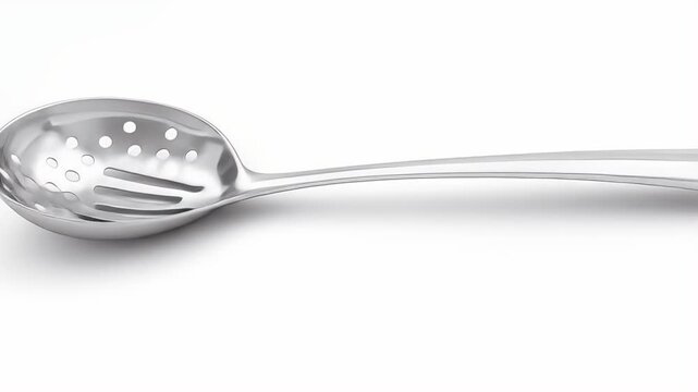 Shiny stainless steel slotted spoon for cooking and serving food.