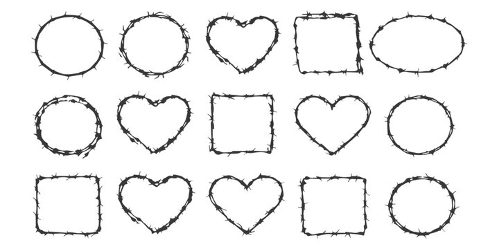 Set of barbed wire frames in heart, circle, and square shapes vector illustration