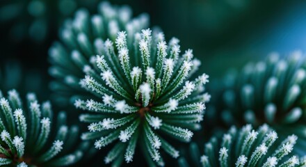 Macro view of deep green evergreen needles covered in sparkling white ice crystals, symbolizing resilience and seasonal endurance, tree, ice, freezing