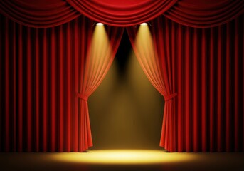 Luxurious red velvet stage curtains open slightly, framing an empty performance area under dramatic golden theatrical spotlights, bright, texture, glamour
