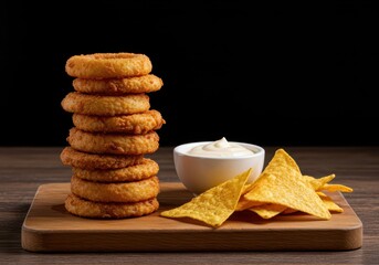 Stack of crispy fried onion rings and crunchy tortilla chips served with a creamy savory dipping sauce on a wooden board, onion rings, savory, finger food