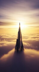Standing high above the clouds on a monolithic structure or mountain peak, representing the pinnacle of achievement, lasting legacy, and profound success, value, quality, excellence