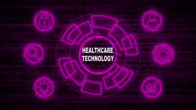 Glowing Neon line HEALTHCARE TECHNOLOGY business and technology concept. Financial success concept on virtual screen. Business, Technology, Internet and networking concept. 4k video noise background. 