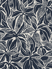Fototapeta premium Hand drawn seamless pattern with sketch of dracaena plant with beautiful leaves and fleshy stem. Vector illustration, retro style. Can be used for embroidering flowers, wallpaper, packaging etc.