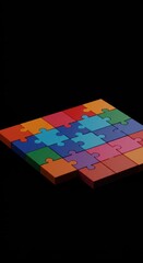 Vivid multicolor geometric puzzle pieces arranged meticulously on a pure black backdrop, highlighting complexity and visual contrast, solution, primary colors, interlocking