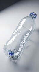 A clear, discarded empty plastic beverage bottle isolated on a plain surface, emphasizing pollution, recycling necessity, and environmental waste, isolated, reuse, environmental issue