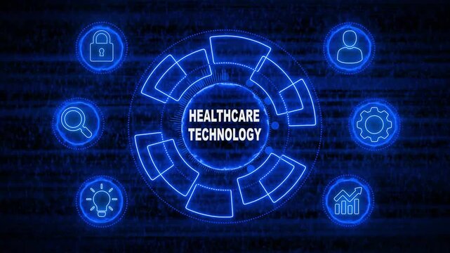 Glowing Neon line HEALTHCARE TECHNOLOGY business and technology concept. Financial success concept on virtual screen. Business, Technology, Internet and networking concept. 4k video noise background. 