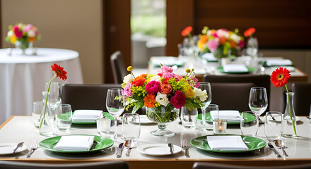 Fototapeta premium Elegant dining table setting with vibrant floral centerpiece and fine china in a restaurant or event space with blurred background