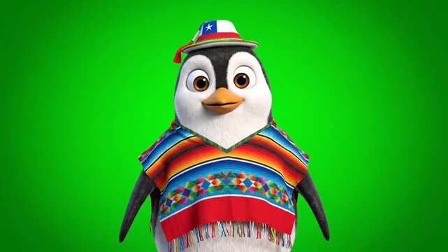 Animated penguin character wearing a colorful traditional Mexican poncho and sombrero standing against a bright green background for entertainment