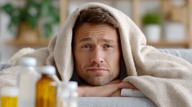 Sick young caucasian male resting under blanket surrounded by medicine bottles