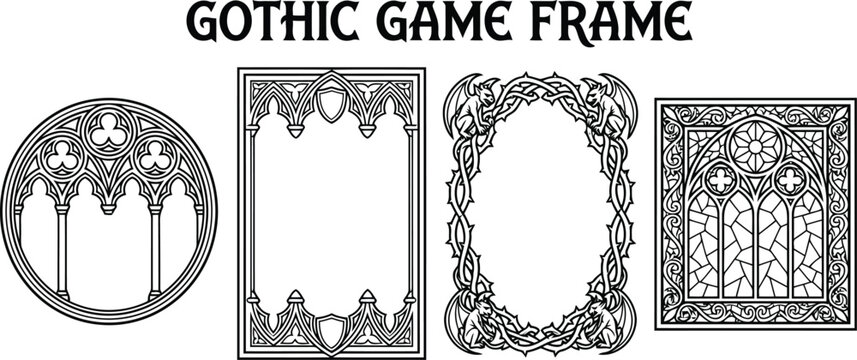 Collection of decorative ornate gothic frames and borders featuring architectural elements gargoyles and stained glass patterns suitable for game design