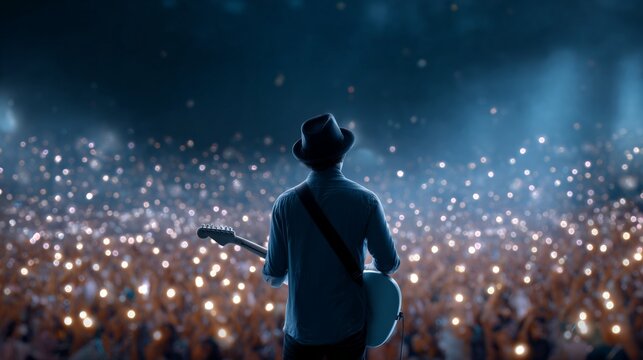 Male musician performing at night concert with guitar and hat