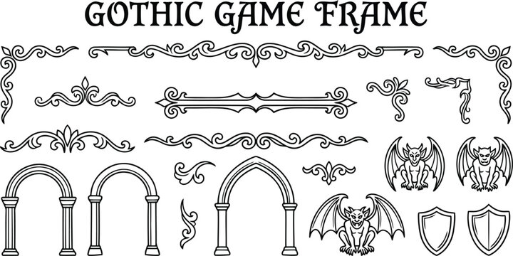 Collection of detailed gothic design elements including ornate frames architectural arches gargoyles and shields for graphic resources and fantasy game development
