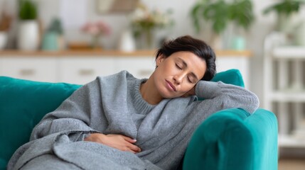 Fototapeta premium Asian female resting on sofa in cozy living room