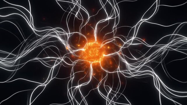 Abstract glowing network of interconnected neural pathways resembling a vibrant energy pulse or starburst