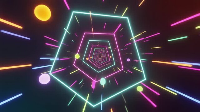 Immersive abstract background with a vibrant neon pentagon tunnel, dynamic light trails, and glowing orbs, creating a mesmerizing digital journey