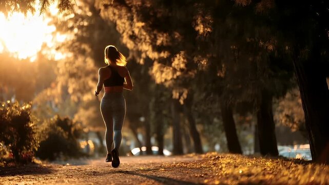 Cardio sports exercise, healthy lifestyle. A woman jogging in a park at sunset, with the sun casting a golden hue over the scene. She is surrounded by trees and plants.