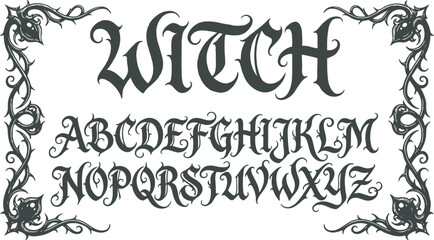 Gothic alphabet font in dark grey featuring the word Witch and the complete alphabet set surrounded by thorny vine borders