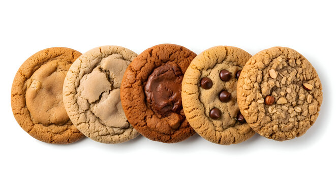 Variety of homemade cookies with different textures and toppings on a white background
