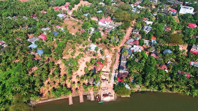 Beautiful aerial drone shot of a traditional Kerala village surrounded by lush greenery, coconut trees, and peaceful rural landscape.