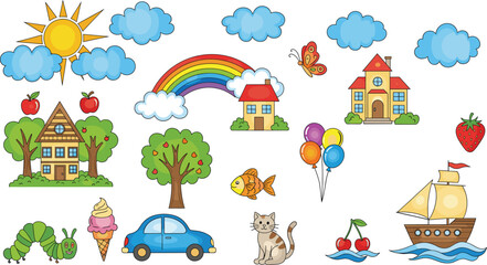 Colorful Hand Drawn Childrens Illustration Set Featuring Houses Rainbow Sun Clouds Tree Car Cat Caterpillar Ship and Sweet Treats in Cute Cartoon Style
