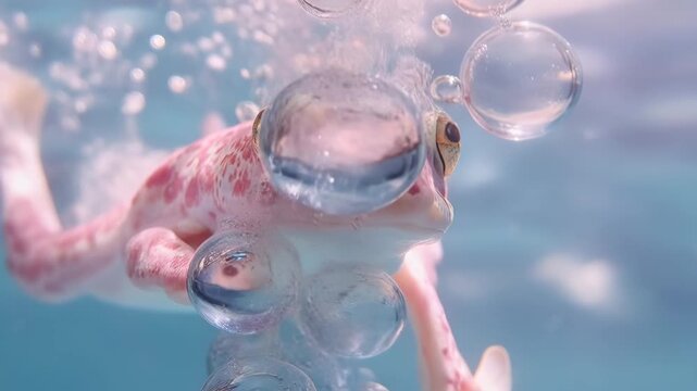 An underwater close-up of a pink and white swimming frog surrounded by air bubbles, with sunlight and soft bokeh in the blue water; a dreamy, delicate atmosphere.