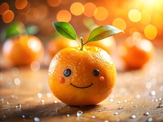 A smiling orange with leaves on a sparkling surface