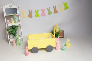 Background texture Easter celebration in pastel colors with yellow toy truck.