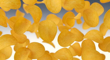 Fototapeta premium Golden potato chips falling against blue and white background snack food concept with crispy texture