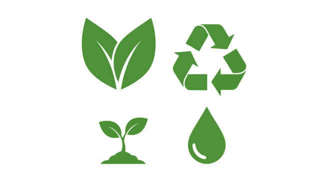 Eco-friendly green icons set including leaves, recycling symbol, sprouting plant, and water drop, representing sustainability and environmental protection vector illustration.