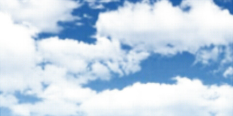 Blue sky background with white halftone clouds vector overlay texture.