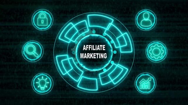 Glowing Neon line AFFILIATE MARKETING business and technology concept. Financial success concept on virtual screen. Business, Technology, Internet and networking concept. 4k video noise background.