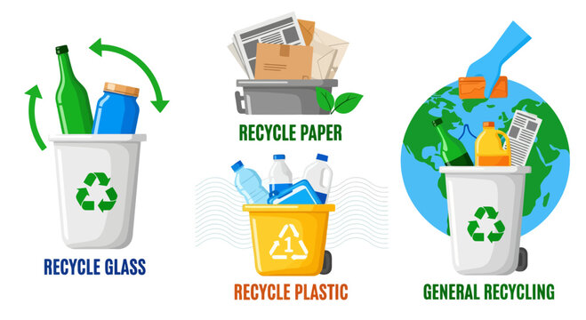 Recycling Bins and Waste Segregation Concept Vector Illustration: Separate containers for glass, paper, plastic, and general waste for environmental sustainability and proper waste management.
