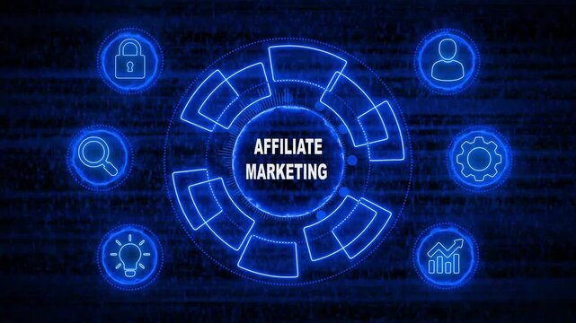 Glowing Neon line AFFILIATE MARKETING business and technology concept. Financial success concept on virtual screen. Business, Technology, Internet and networking concept. 4k video noise background.