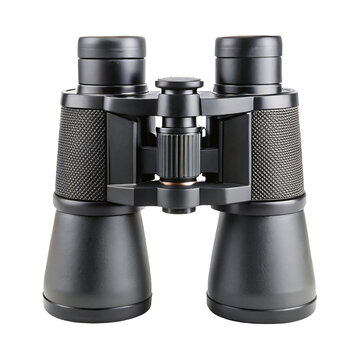 Black binoculars isolated on a pure black background, Dark field glasses with optical lenses for observation and exploration