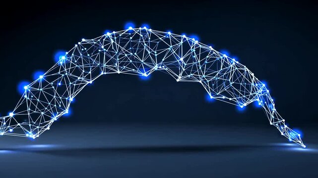 Abstract, connected network of lines and nodes creating an arch shape, blue hues