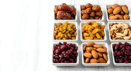 Obraz premium Assorted dried fruits and nuts in small white bowls on a wooden table with soft natural lighting and a minimalist background