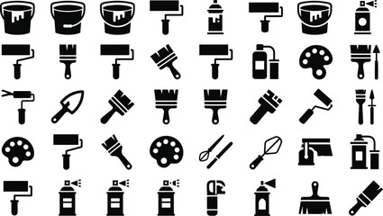 Obraz premium Grid of Black and White Painting and Decorating Tool Icons Featuring Brushes, Rollers, Buckets, Sprayers, and Palettes for Design Use 