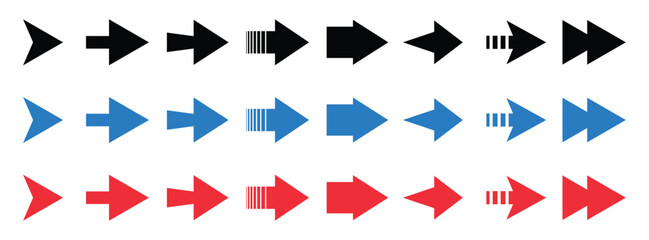 Collection of diverse directional arrows in black, blue, and red for navigation and progress icons