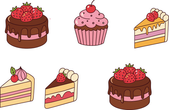 Colorful cupcake and chocolate cake vector icon collection in kawaii cartoon style for menu, logo and packaging