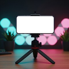 Modern smartphone mockup mounted on a compact tripod with a blank white screen set against a dark background with vibrant bokeh lights in pink and teal suggesting a creative studio
