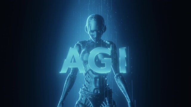 3D render Glowing humanoid robot, prominent 'AGI' text, digital data streams. Represents Artificial General Intelligence, AI, future tech, machine learning, innovation. Concept advanced computing