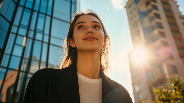 A young woman advertising a product in an inclusive brand campaign style, modern casual outfit, natural daylight