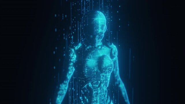 3D render Glowing humanoid AI robot figure, digital data streams, futuristic technology concept. AGI, machine learning, deep learning, cyber security, global network, computing. Dark background.
