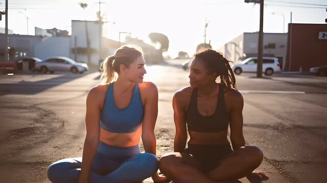 Cardio sports exercise, healthy lifestyle. Two women in sports bras and leggings sitting on the side of a road at sunset. The sky is painted in a beautiful array of oranges, pinks, and purples.