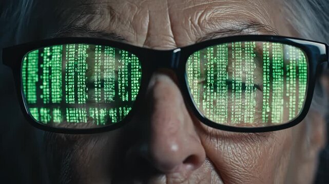 Elderly man with glasses showing green code on lenses in a dark setting 4k video
