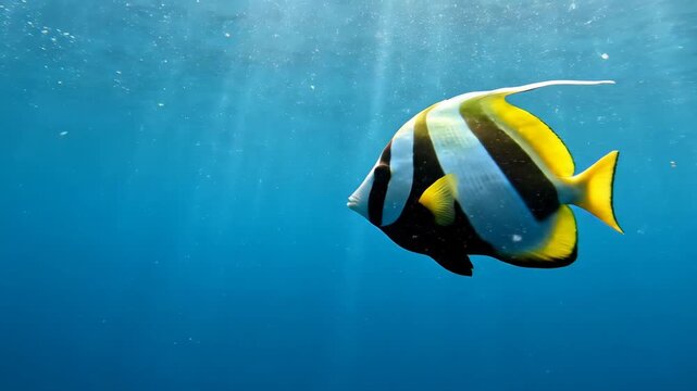 A striking tropical bannerfish is swimming serenely through the deep blue open ocean, captured in a beautiful underwater photograph with visible sunbeams.