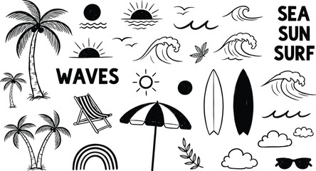 Obraz premium Black and white beach icons set with palm trees, waves, surfboards, and sun, minimalist summer design elements